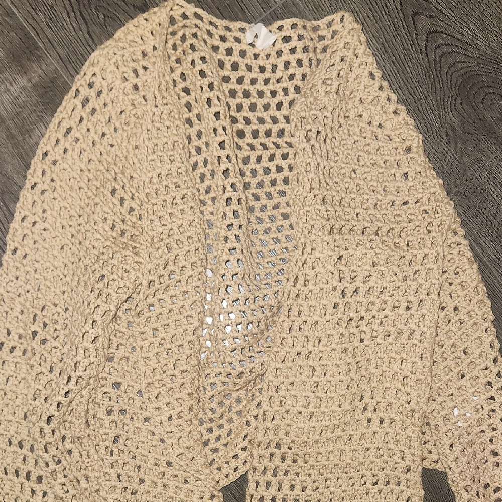 Open-Knit Crochet Cardigan Sweater in Beige